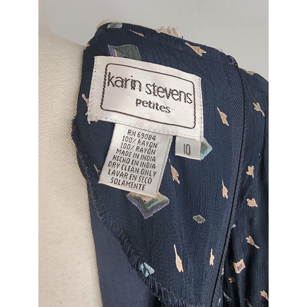 Karin Stevens Navy Vtg Geometric Print Midi Dress Lace Collar Beaded Vintage 10 - Picture 12 of 16